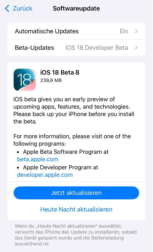 榆中苹果手机维修分享苹果 iOS / iPadOS 18 开发者预览版 Beta 8 发布 